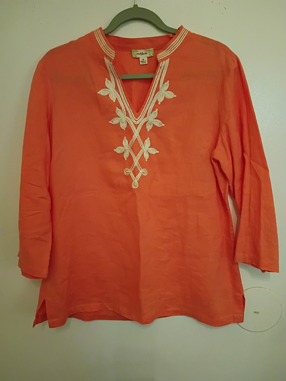 Nurture by Lamaze Women's Coral Orange Embroidered V-Neck Tunic 100% Linen Sz M